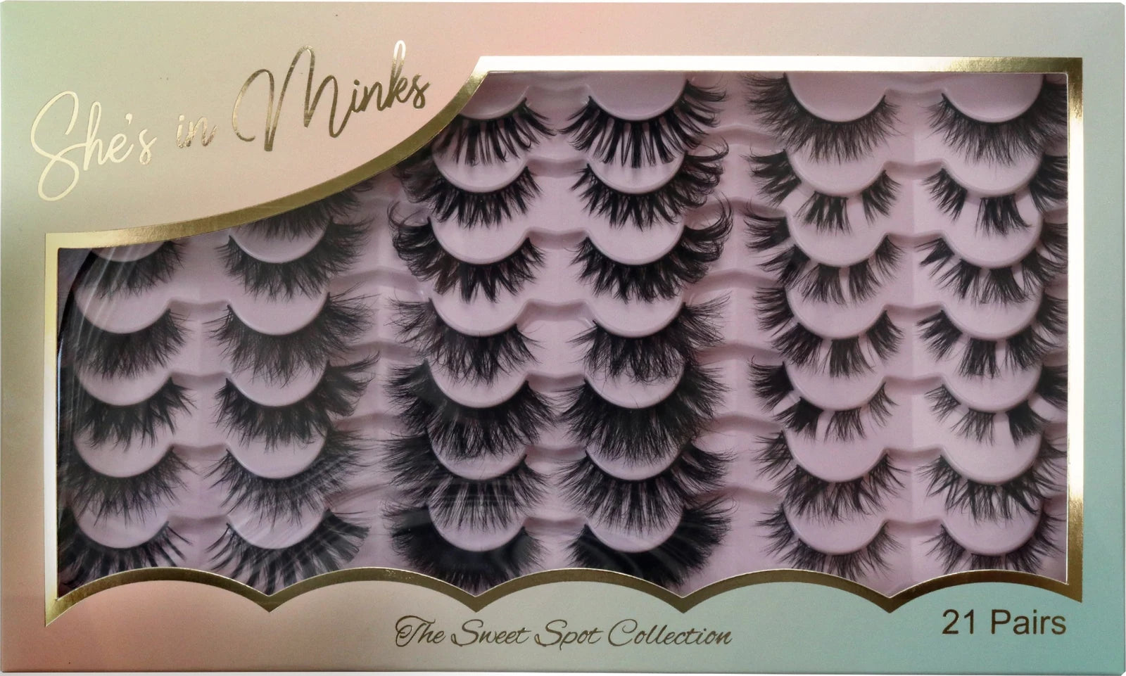 The 21 Lash Box open, 21 pairs seated in the tray